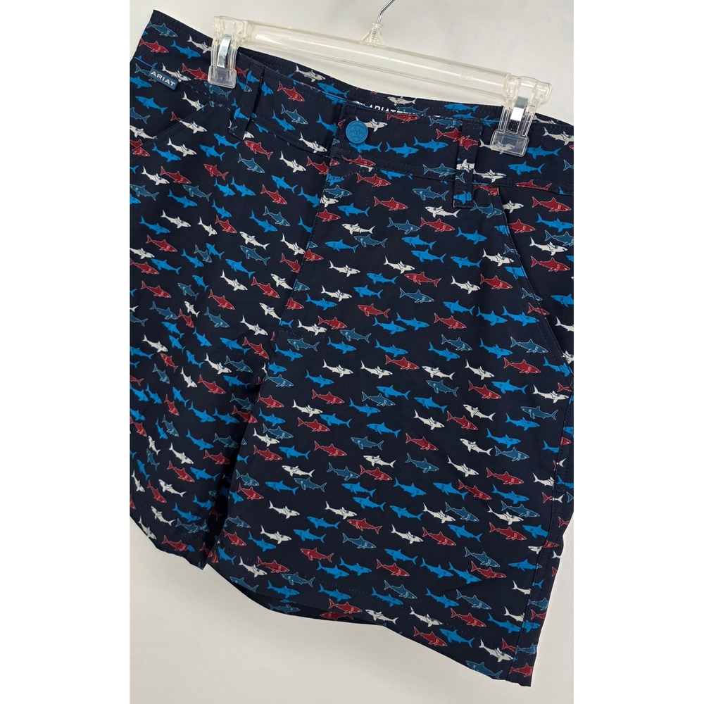 Ariat Mens Size 32 AriatTek Shark Print Navy Blue Performance Stretch Shorts - Picture 2 of 9